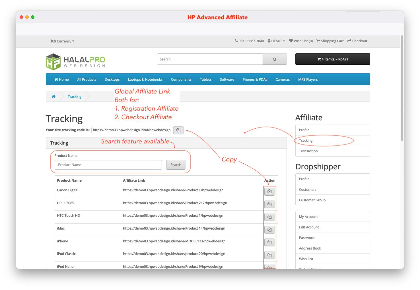 list of tracking url for all products on opencart online store